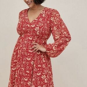 Torrid Red Floral Chiffon Plus Size Long Sleeve V-Neck Babydoll Dress | 3X